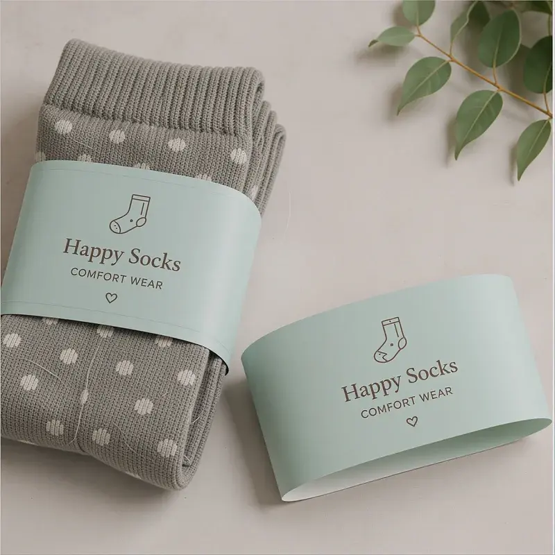Gray patterned socks wrapped in pale green paper sleeves.