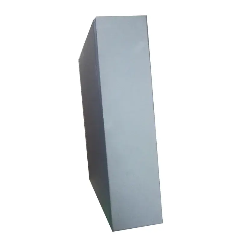 Side view of a tall closed gray packaging box.