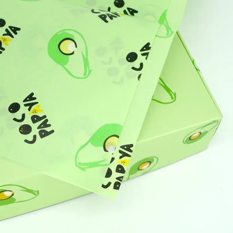 Close view of green wrapping paper printed with avocado graphics.