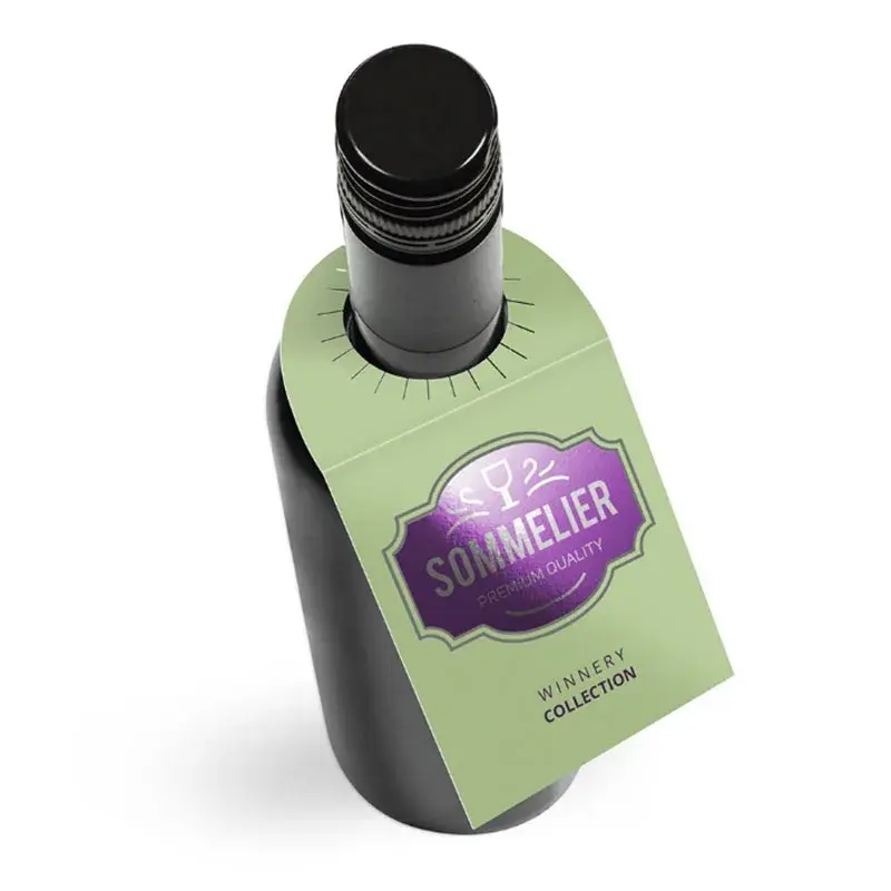 Dark bottle with a green neck tag and purple printed panel.