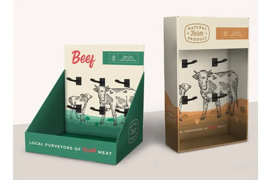 Green and brown printed countertop displays with tall back panels.