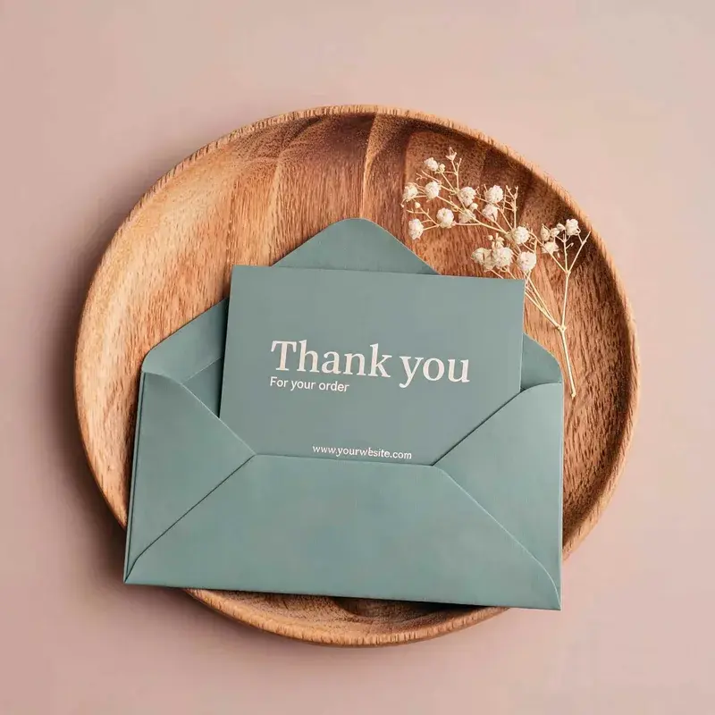 Green thank-you card inside a matching envelope on a wooden tray.