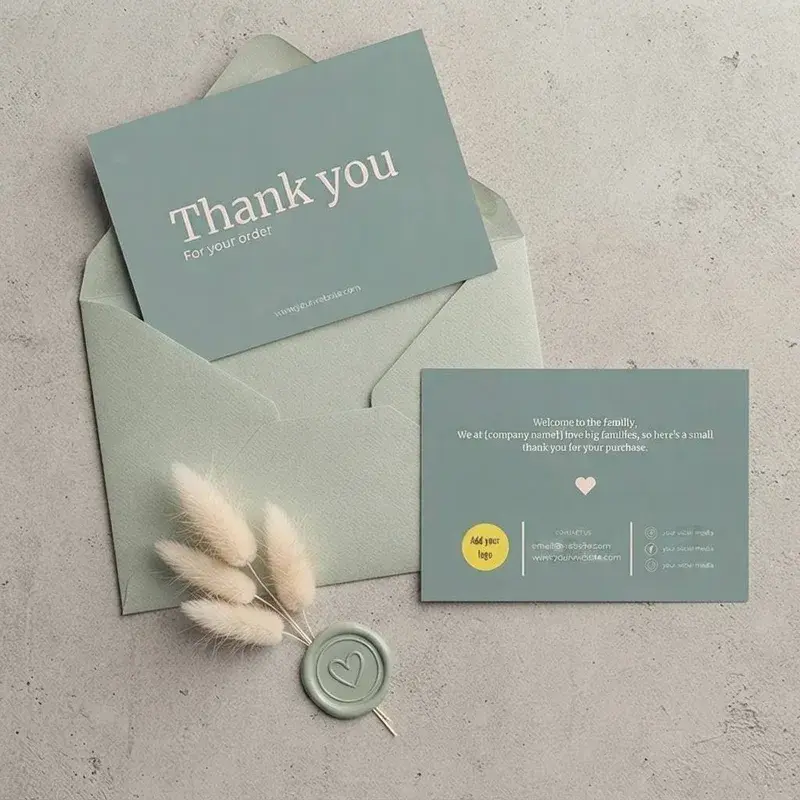 Green cards and a matching envelope beside a round wax seal.