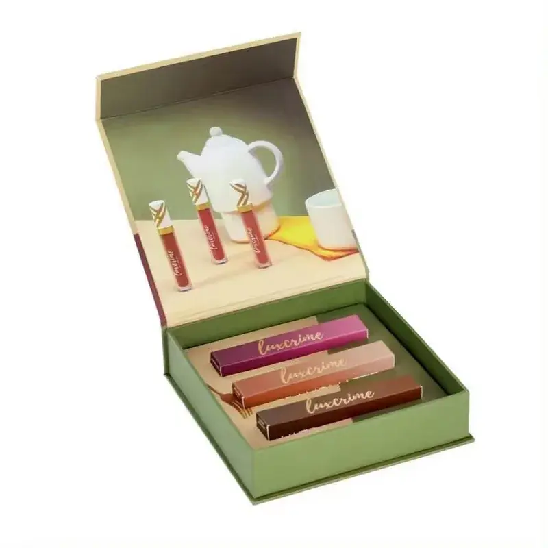 Open green cosmetics box with products in fitted compartments.