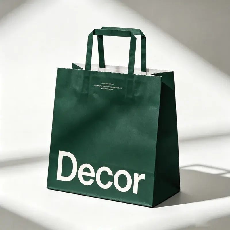 Dark green paper bag with flat handles and white lettering.