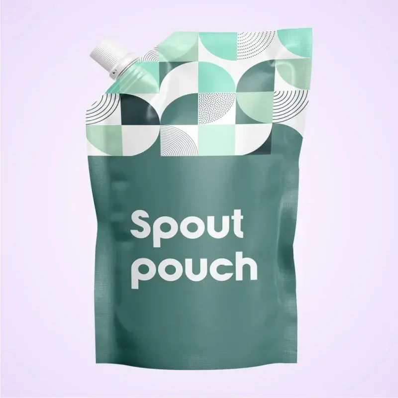 Green pouch with a corner spout and a white geometric top panel.