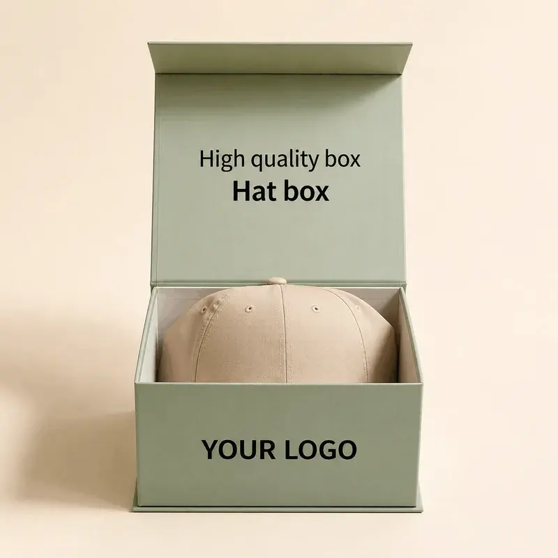 Open sage-green box containing a light-colored cap.