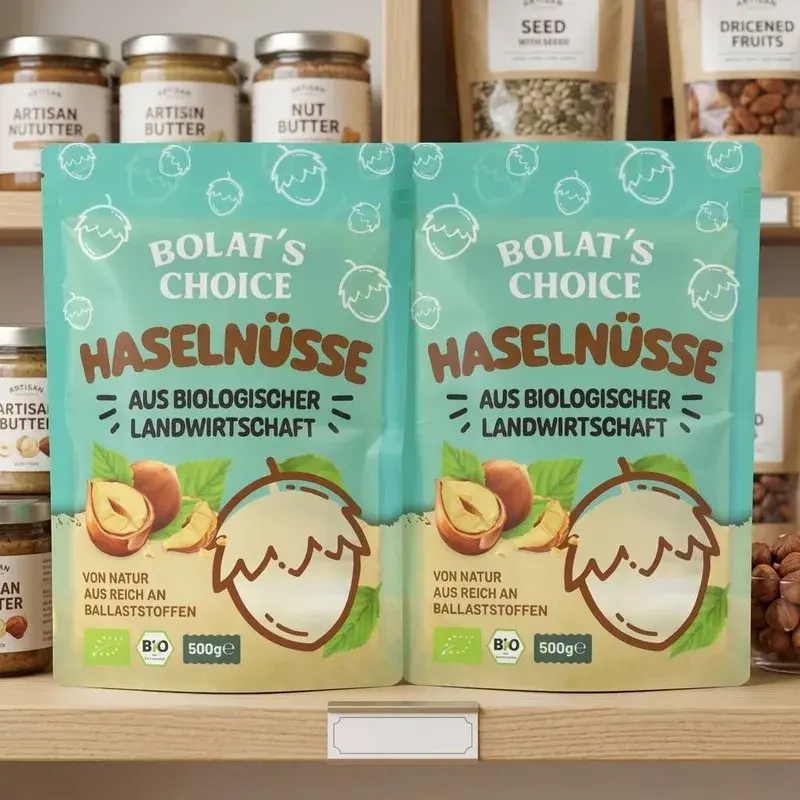 Green printed hazelnut pouches displayed on a store shelf.