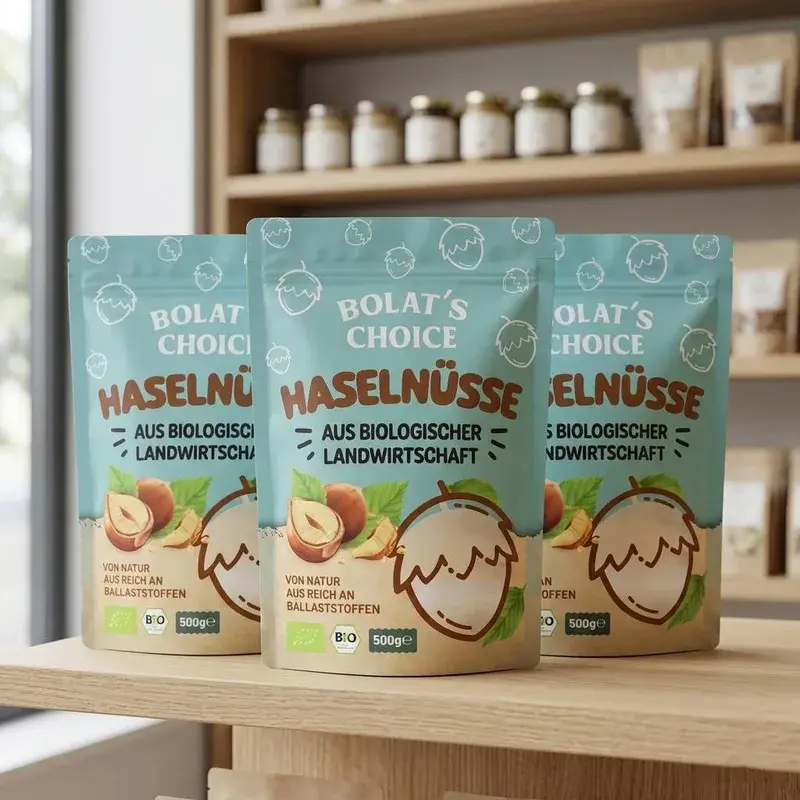Green printed nut pouches arranged on a store shelf.