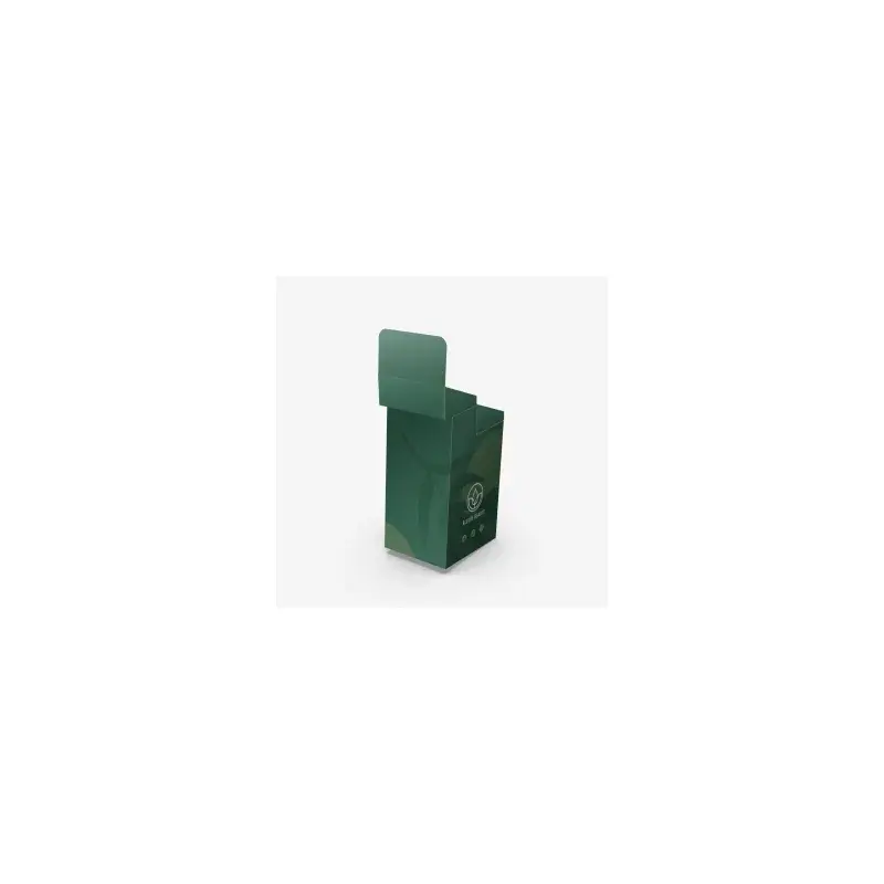 Green display bin with an open top and upright back panel.