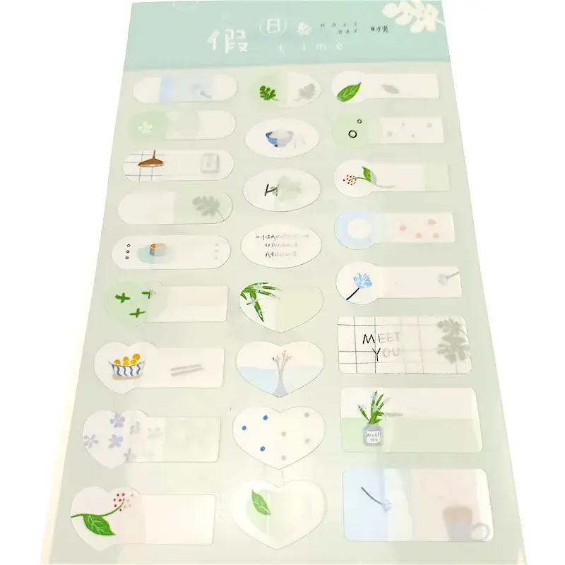 Pale green sticker sheet with small plant and heart illustrations.