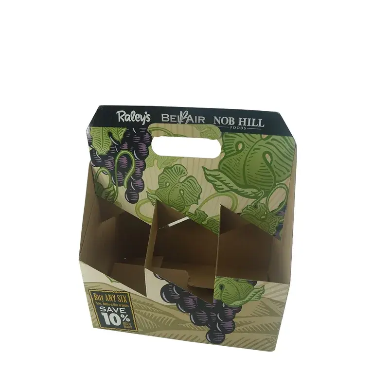 Green printed bottle carrier with a handhold and divided base.