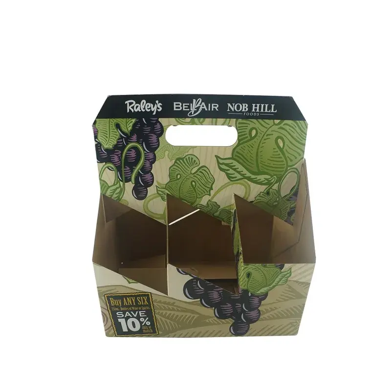 Green printed bottle carrier with a handhold and divided base.
