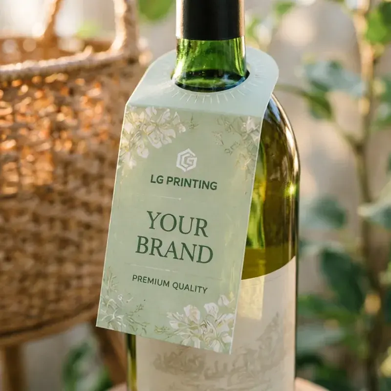 Green glass bottle with a pale green printed neck tag.