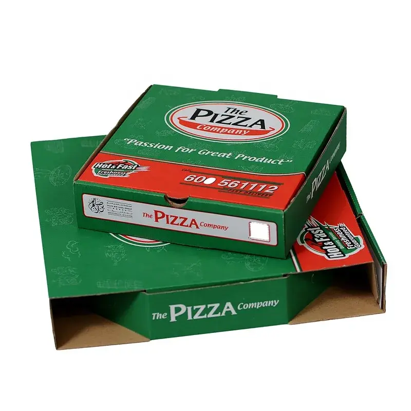 Stack of green and red printed pizza boxes.