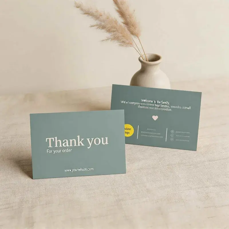Green thank-you cards showing printed fronts and backs.