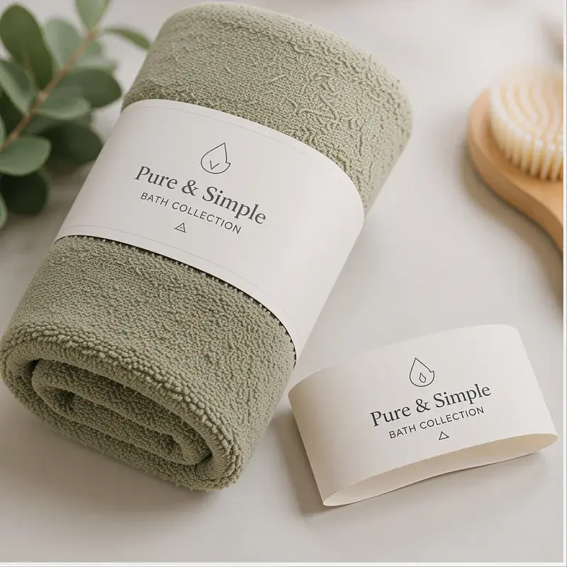 Rolled green towel wrapped in a white printed sleeve.