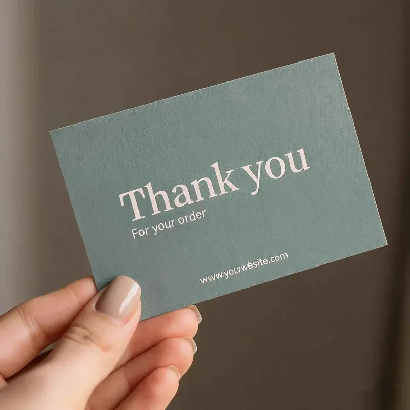 Hand holding a green card with white thank-you lettering.