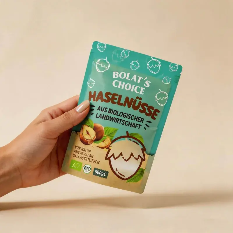 Hand holding a green pouch with printed hazelnut illustrations.