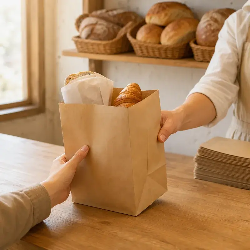 Hands passing a kraft paper bag across a bakery counter.