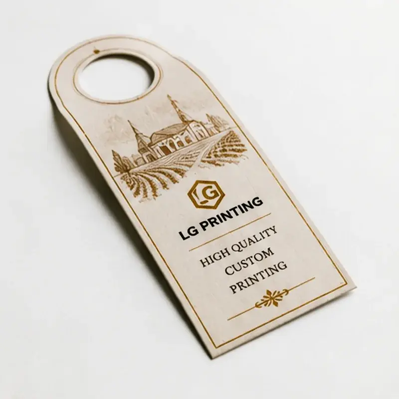 Stacked cream bottle tags with a gold-colored landscape design.