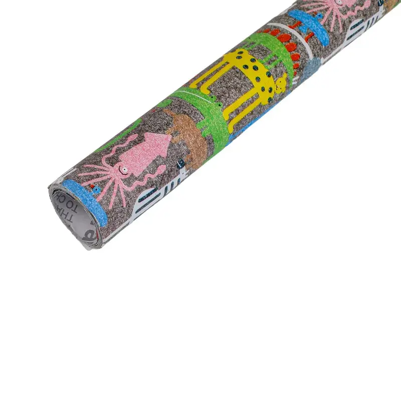Wrapping paper roll with multicolored illustrated characters.