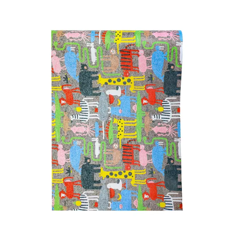 Flat wrapping sheet with multicolored illustrated characters.