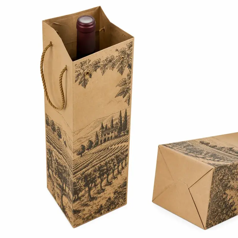 Kraft bottle bag with landscape printing and cord handles.