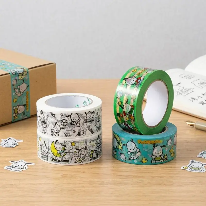Printed tape rolls with green and black illustrated patterns.