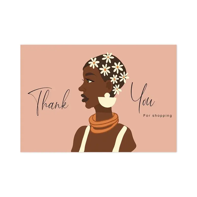 Peach thank-you card with an illustrated woman and floral details.