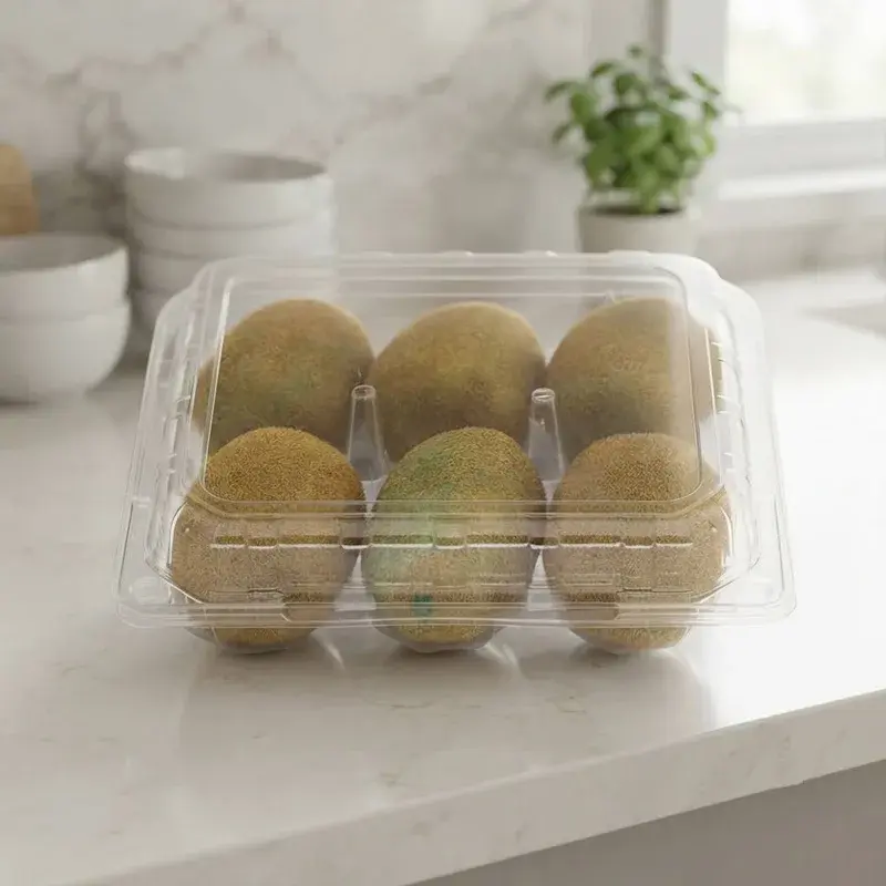 Closed clear kiwi container on a pale kitchen counter.