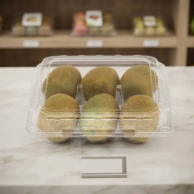 Clear fruit clamshell holding a row of kiwi fruit.