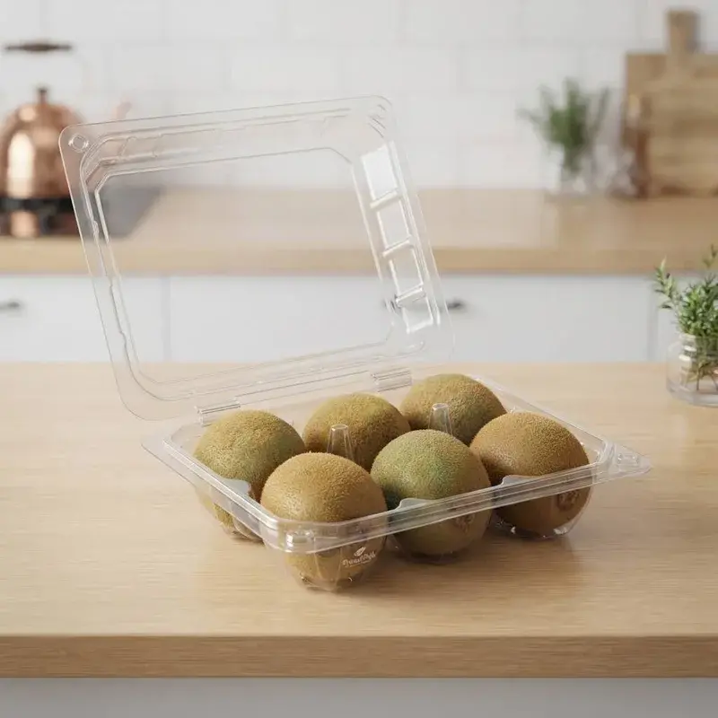 Kiwi fruit in a clear container with its hinged lid raised.