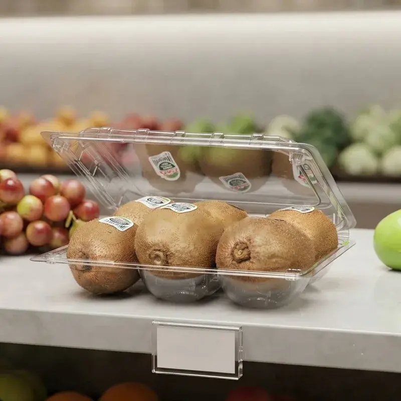 Kiwi fruit in an open clear hinged container.