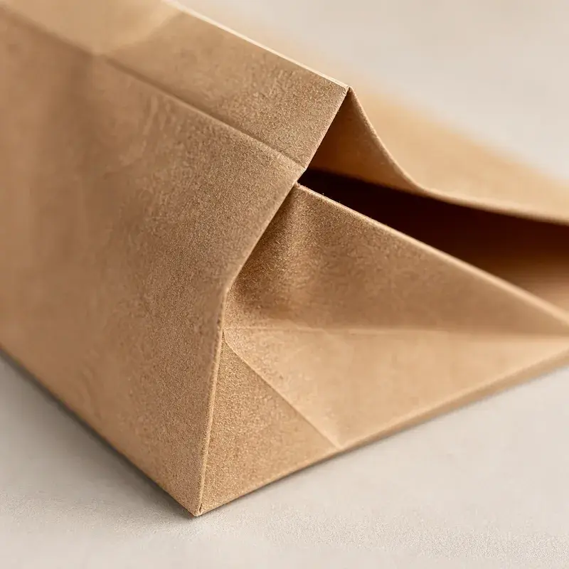 Close view of the folded bottom and side gusset of a kraft bag.