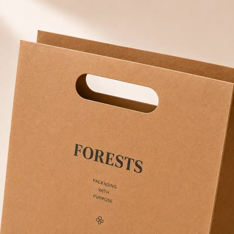 Close view of a kraft bag's oval handhold and printed lettering.