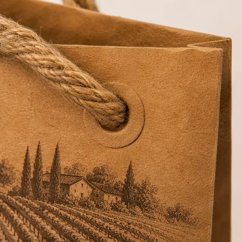 Close view of a rope handle threaded through a kraft paper bag.