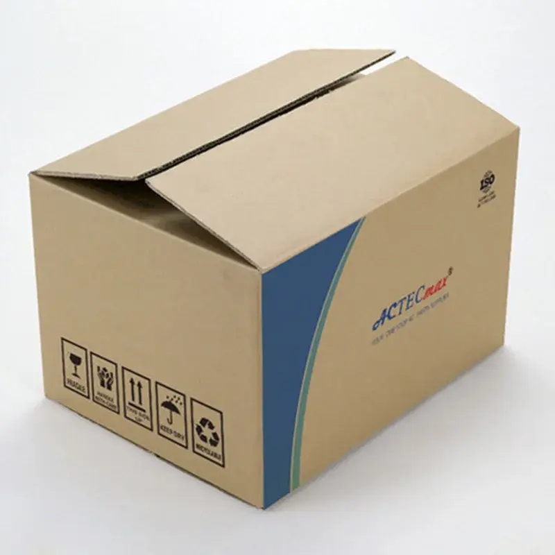 Kraft shipping carton with a blue panel and handling symbols.