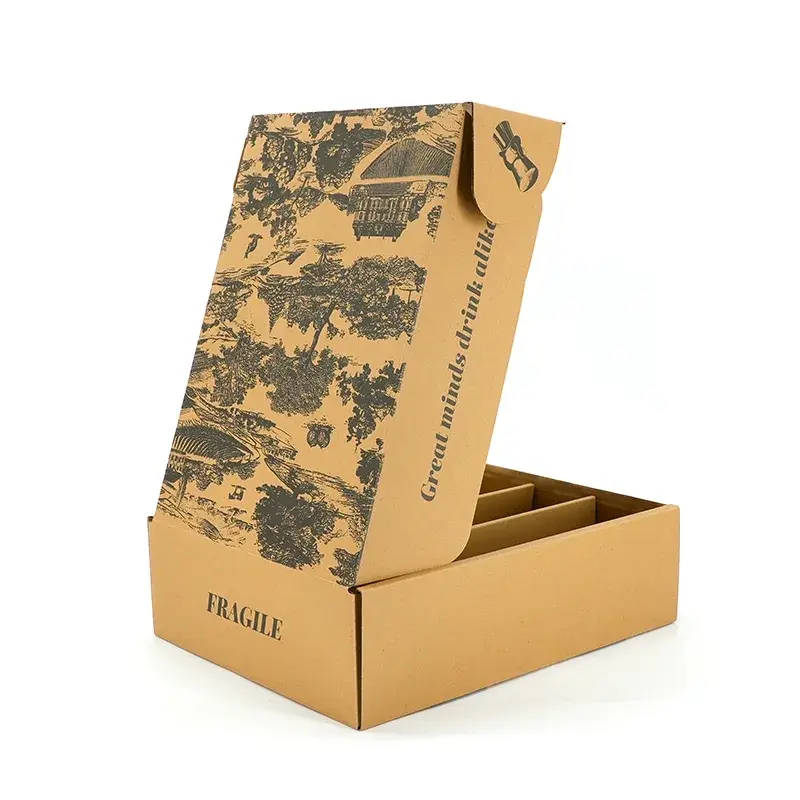 Open kraft box with a botanical illustration across its lid.