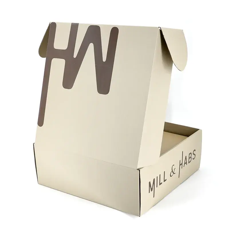 Rear view of an open kraft box with lettering across the lid.