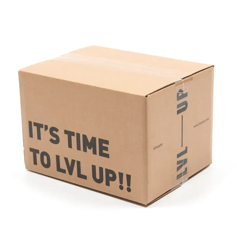 Closed kraft shipping carton with large dark printed lettering.