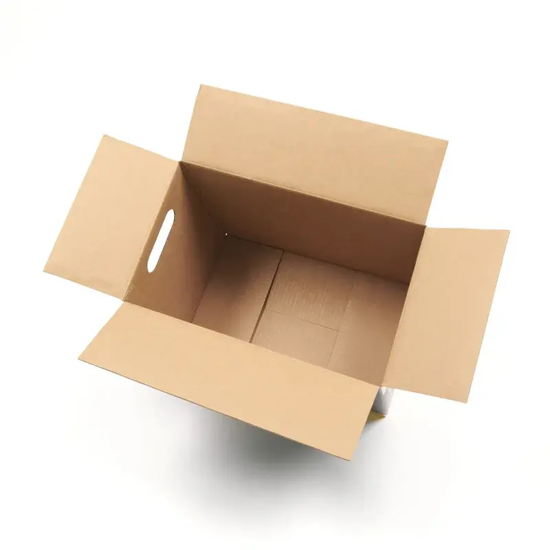Top view of an open kraft carton with a cutout handhold.