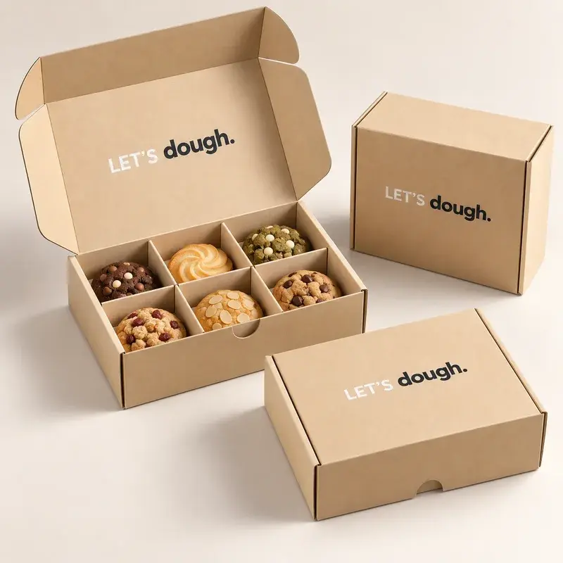 Kraft cookie boxes with one open box showing divided compartments.