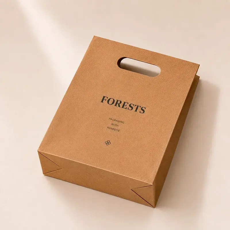 Kraft paper bag with an oval cutout handle and black lettering.