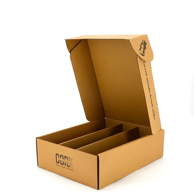 Open kraft box with long dividers and an upright printed lid.