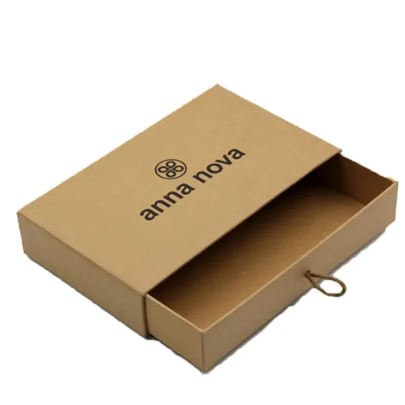 Angled view of an open kraft drawer box with a loop pull.