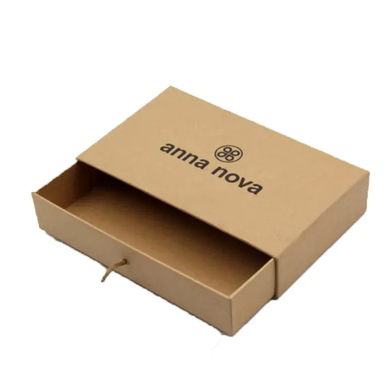 Open kraft drawer box with a small loop pull.