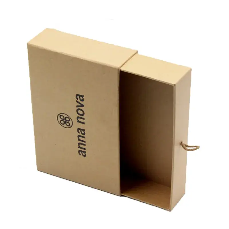 Kraft drawer box standing upright with its tray partly extended.