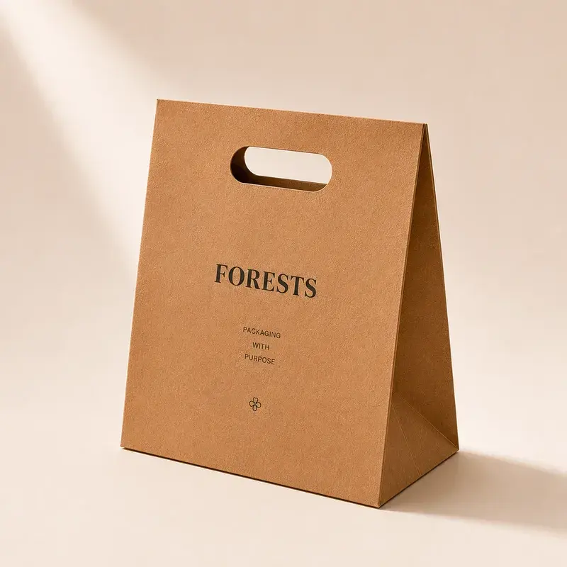 Kraft bag with an oval handhold viewed from an angle.
