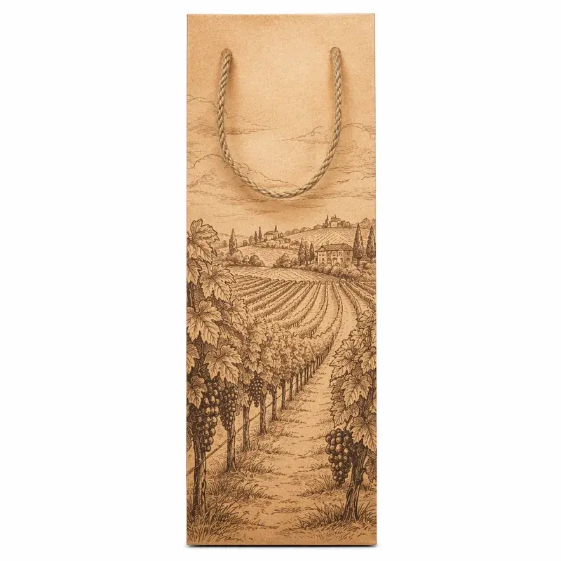 Front view of a kraft bottle bag with landscape printing.